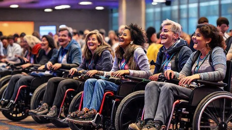 A photorealistic, vibrant image of diverse individuals in power wheelchairs laughing and interacting at an accessible travel conference, symbolizing community, support, and shared experience. The atmosphere is positive and empowering. Professional photography, 8K, cinematic lighting, sharp focus, depth of field, shot on a high-end DSLR. A photorealistic, vibrant image of diverse individuals in power wheelchairs laughing and interacting at an accessible travel conference, symbolizing community, support, and shared experience. The atmosphere is positive and empowering. Professional photography, 8K, cinematic lighting, sharp focus, depth of field, shot on a high-end DSLR.