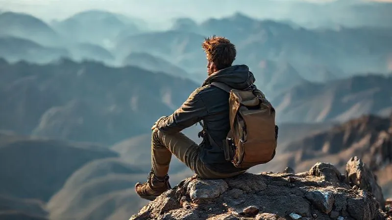 A photorealistic image of a lone backpacker sitting contemplatively on a rocky outcrop overlooking a vast, beautiful but challenging landscape, their face showing a mix of fatigue and introspection, with subtle cinematic lighting highlighting their pensive mood, sharp focus on the traveler, depth of field blurring the distant mountains, 8K hyper-detailed.