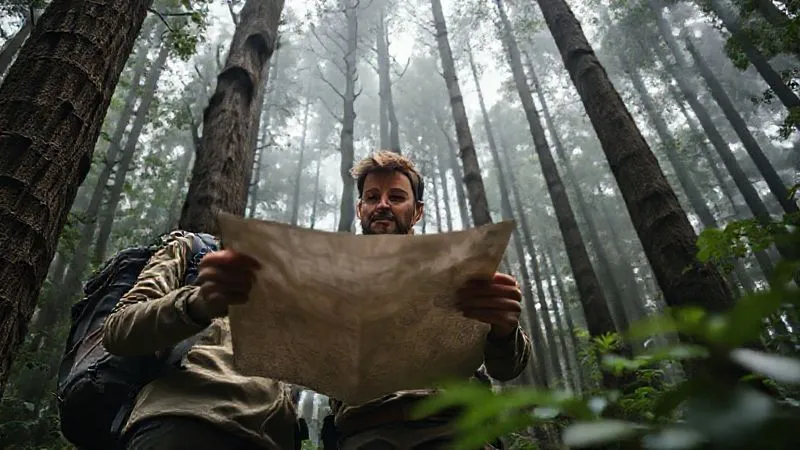 A photorealistic image from a low angle of a solo hiker checking a map in a dense, misty forest, their expression thoughtful and focused, surrounded by ancient trees and soft diffused light, emphasizing planning and adaptability, sharp focus on the map and hiker's hands, depth of field blurring the background foliage, 8K hyper-detailed.