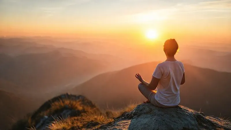 A photorealistic image of a person meditating peacefully at sunrise on a serene mountain ridge, with a vast, awe-inspiring landscape stretching out before them, emphasizing tranquility, mental clarity, and connection with nature, cinematic lighting, sharp focus on the meditating figure, depth of field blurring the distant peaks, 8K hyper-detailed.