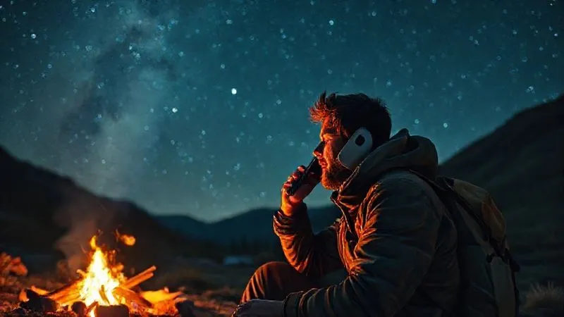 A photorealistic image of a solo traveler at a remote campsite, illuminated by the warm glow of a campfire, holding a satellite phone to their ear, with a vast, starlit sky above, conveying both solitude and the comfort of connection, cinematic lighting, sharp focus on the traveler and phone, depth of field blurring the distant wilderness, 8K hyper-detailed.
