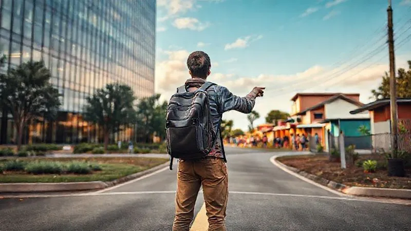 A photorealistic image of a person standing at a crossroads, one path leading to a bustling modern office building and the other to a vibrant, diverse community project site, with the individual confidently pointing towards the community path, but with a backpack subtly blending professional and travel gear. Cinematic lighting, sharp focus, depth of field, 8K hyper-detailed, professional photography, shot on a high-end DSLR. A photorealistic image of a person standing at a crossroads, one path leading to a bustling modern office building and the other to a vibrant, diverse community project site, with the individual confidently pointing towards the community path, but with a backpack subtly blending professional and travel gear. Cinematic lighting, sharp focus, depth of field, 8K hyper-detailed, professional photography, shot on a high-end DSLR.