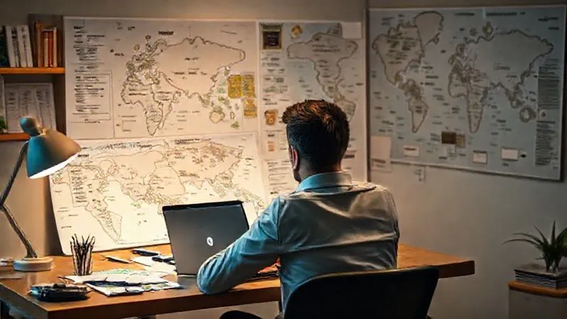 A photorealistic image of a person sitting at a desk, surrounded by maps and a laptop, thoughtfully planning their volunteer journey with a clear vision board showing career goals and travel destinations, cinematic lighting, sharp focus on the individual, depth of field blurring the background, 8K hyper-detailed, professional photography, shot on a high-end DSLR. A photorealistic image of a person sitting at a desk, surrounded by maps and a laptop, thoughtfully planning their volunteer journey with a clear vision board showing career goals and travel destinations, cinematic lighting, sharp focus on the individual, depth of field blurring the background, 8K hyper-detailed, professional photography, shot on a high-end DSLR.