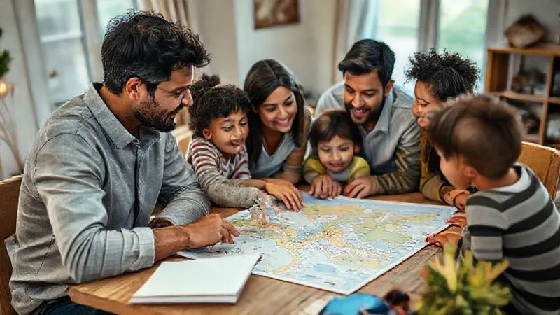 photorealistic, professional photography, 8K, cinematic lighting, sharp focus, depth of field, shot on a high-end DSLR. A diverse family gathered around a table with a map and a notebook, actively discussing travel plans. Parents are pointing to locations, children are engaged and listening intently, conveying a sense of collaborative planning and preparedness. Warm, inviting home environment.
