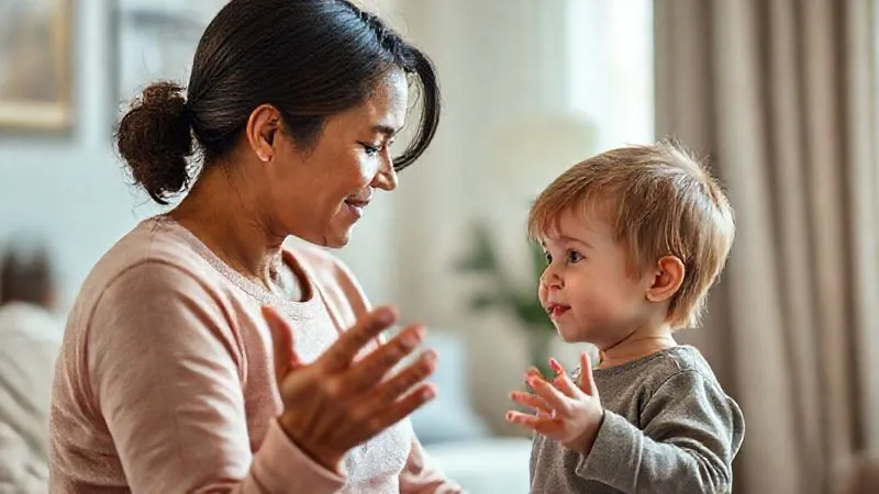 photorealistic, professional photography, 8K, cinematic lighting, sharp focus, depth of field, shot on a high-end DSLR. A parent gently teaching a young child how to respond to a stranger, using hand gestures and a calm, reassuring tone. The child is attentive, illustrating a positive and empowering safety lesson. Soft, natural indoor lighting.