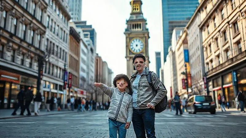 photorealistic, professional photography, 8K, cinematic lighting, sharp focus, depth of field, shot on a high-end DSLR. A parent and child standing confidently in front of a prominent, easily identifiable landmark in a foreign city (e.g., a unique clock tower or statue), pointing to it as a designated meeting spot. The scene conveys clarity and preparedness. Bright daylight.