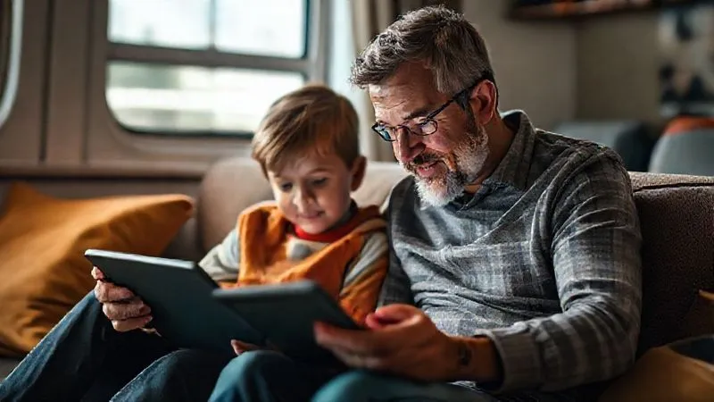 photorealistic, professional photography, 8K, cinematic lighting, sharp focus, depth of field, shot on a high-end DSLR. A parent and an older child sitting together, looking at a tablet displaying a map and safety information, engaged in a collaborative learning moment about travel safety. The scene conveys empowerment through knowledge and ongoing education. Warm, soft light.
