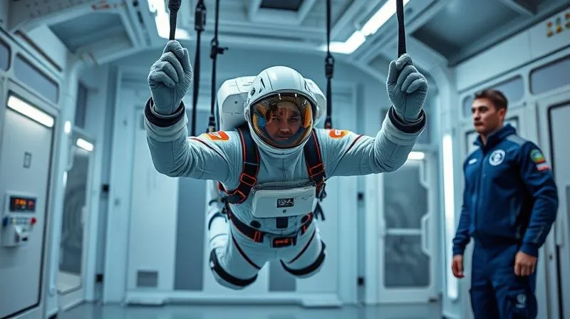 A photorealistic image of a space tourist candidate in a high-tech training facility, wearing a light training suit, performing exercises in a simulated microgravity environment (e.g., suspended by harnesses), with a coach observing. The setting is modern and clean, emphasizing preparation and physical conditioning. 8K, cinematic lighting, sharp focus, depth of field, shot on a high-end DSLR. A photorealistic image of a space tourist candidate in a high-tech training facility, wearing a light training suit, performing exercises in a simulated microgravity environment (e.g., suspended by harnesses), with a coach observing. The setting is modern and clean, emphasizing preparation and physical conditioning. 8K, cinematic lighting, sharp focus, depth of field, shot on a high-end DSLR.