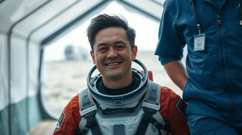 A photorealistic image of a space tourist, looking slightly tired but happy, being gently supported by medical staff as they take their first steps on Earth after landing. The background shows a recovery tent or a medical facility, with a landed spacecraft visible in the distance. Emphasize safe return and immediate care. 8K, cinematic lighting, sharp focus, depth of field, shot on a high-end DSLR. A photorealistic image of a space tourist, looking slightly tired but happy, being gently supported by medical staff as they take their first steps on Earth after landing. The background shows a recovery tent or a medical facility, with a landed spacecraft visible in the distance. Emphasize safe return and immediate care. 8K, cinematic lighting, sharp focus, depth of field, shot on a high-end DSLR.