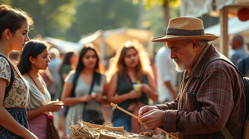 photorealistic, professional photography, 8K, cinematic lighting, sharp focus, depth of field, shot on a high-end DSLR. A small group of diverse travelers respectfully observing a traditional craftsperson demonstrating their art at a vibrant, outdoor festival. The craftsperson is focused, and the travelers are engaged but maintain a respectful distance, with soft, warm sunlight illuminating the scene. photorealistic, professional photography, 8K, cinematic lighting, sharp focus, depth of field, shot on a high-end DSLR. A small group of diverse travelers respectfully observing a traditional craftsperson demonstrating their art at a vibrant, outdoor festival. The craftsperson is focused, and the travelers are engaged but maintain a respectful distance, with soft, warm sunlight illuminating the scene.