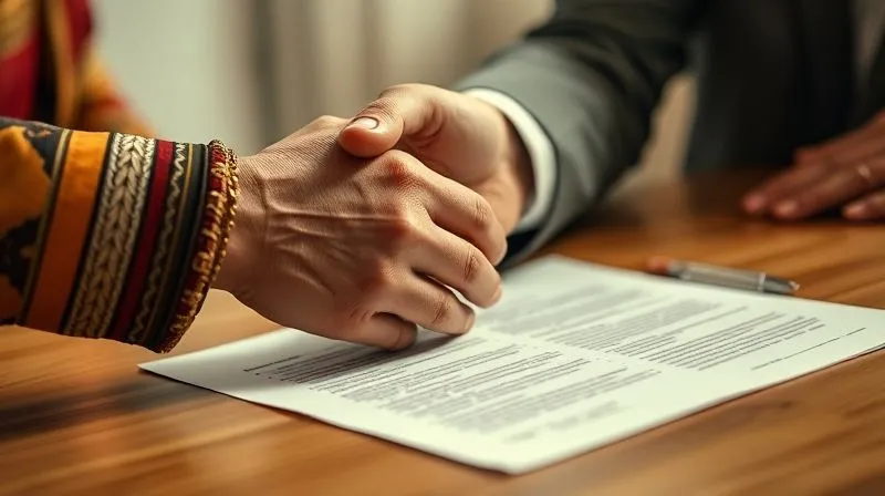 photorealistic, professional photography, 8K, cinematic lighting, sharp focus, depth of field, shot on a high-end DSLR. A close-up shot of two hands shaking, one belonging to a local community representative with traditional attire and the other to a business professional, over a signed agreement document, symbolizing ethical partnership and mutual consent. The background is softly blurred, suggesting a significant cultural event or meeting. photorealistic, professional photography, 8K, cinematic lighting, sharp focus, depth of field, shot on a high-end DSLR. A close-up shot of two hands shaking, one belonging to a local community representative with traditional attire and the other to a business professional, over a signed agreement document, symbolizing ethical partnership and mutual consent. The background is softly blurred, suggesting a significant cultural event or meeting.