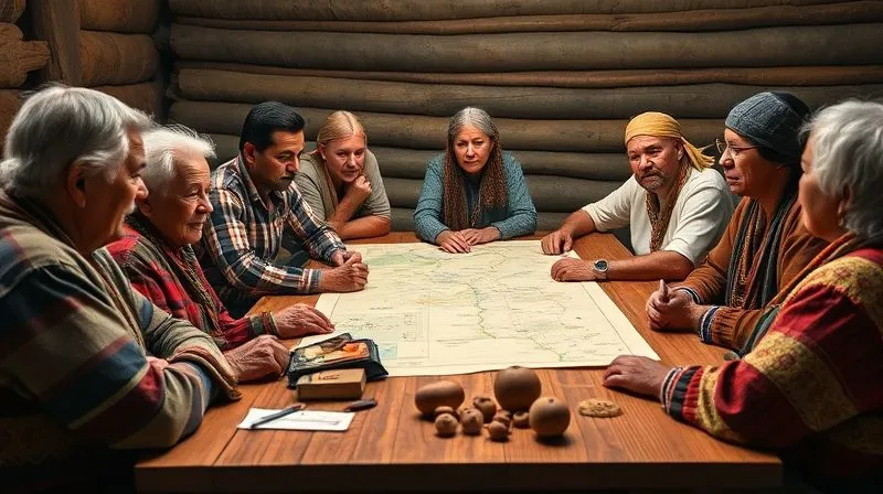 A photorealistic image of a diverse group of indigenous community elders and young leaders collaboratively planning tourism initiatives around a large wooden table, with maps and traditional artifacts visible. Their expressions are engaged and empowered. Professional photography, 8K, cinematic lighting, sharp focus, depth of field, shot on a high-end DSLR.