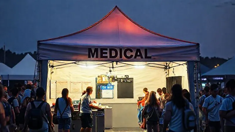 A well-lit, clearly marked festival medical tent at a multi-day music festival, with a few attendees calmly seeking assistance, surrounded by a subtle, bustling festival backdrop, emphasizing safety and accessibility, photorealistic, professional photography, 8K, cinematic lighting, sharp focus, depth of field, shot on a high-end DSLR.