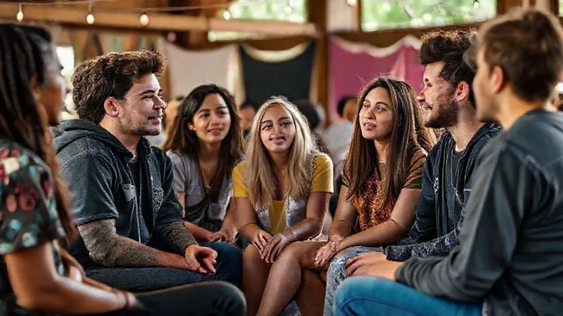 A diverse group of young adults engaged in an earnest and supportive conversation about mental health and festival safety, perhaps in a community center or a relaxed outdoor setting, symbolizing open dialogue and mutual support, photorealistic, professional photography, 8K, cinematic lighting, sharp focus, depth of field, shot on a high-end DSLR.
