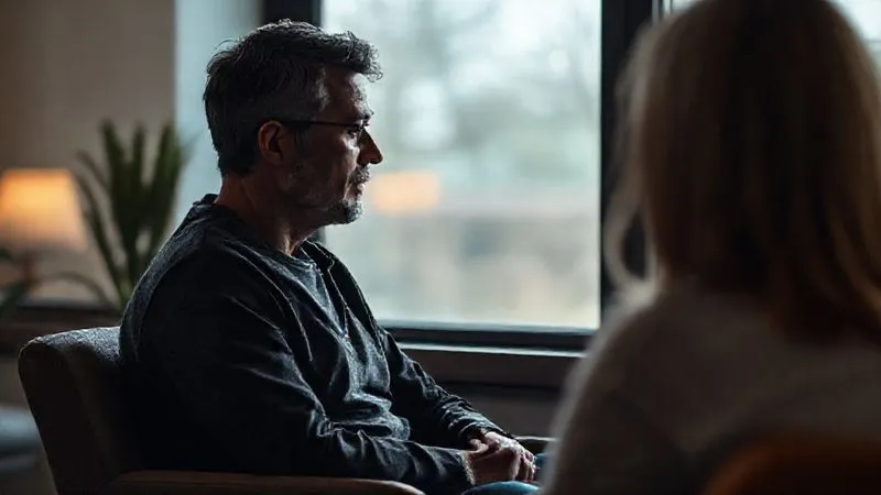 A person sitting calmly and reflectively, perhaps talking to a compassionate counselor (partially visible) or looking out a window thoughtfully, conveying a sense of seeking and receiving mental health support after an intense experience, photorealistic, professional photography, 8K, cinematic lighting, sharp focus, depth of field, shot on a high-end DSLR.
