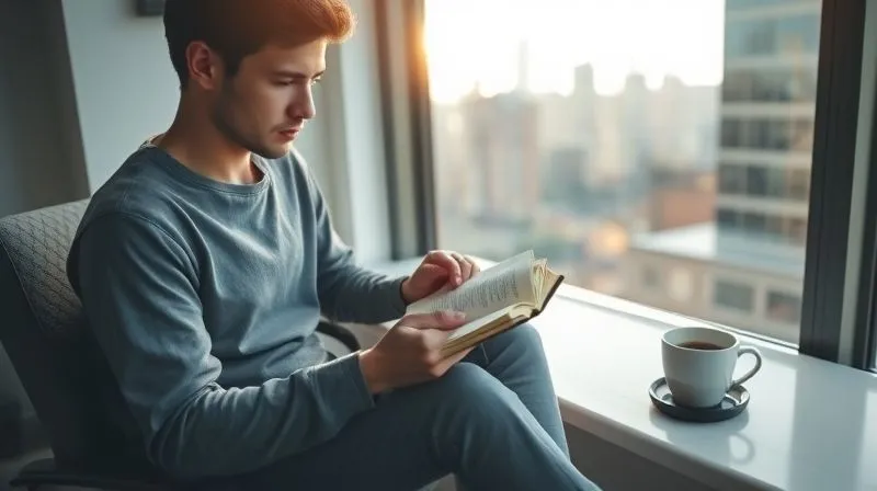A photorealistic image of a person sitting thoughtfully by a large window, journaling in a sleek notebook, a half-empty coffee cup beside them. The setting is a minimalist, modern office or study, early morning light streaming in. The atmosphere is calm and introspective. 8K, cinematic lighting, sharp focus on the person and journal, depth of field blurring the background city view, shot on a high-end DSLR.
