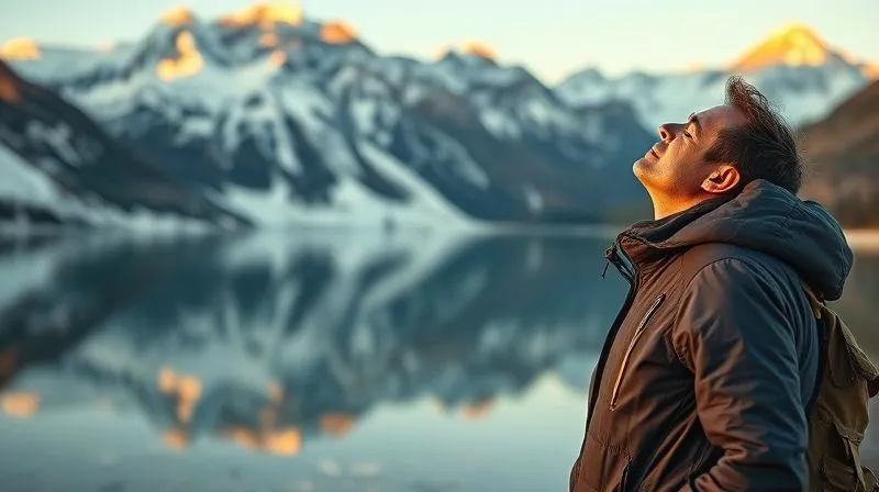 A photorealistic shot of an executive, dressed in comfortable outdoor gear, standing at the edge of a serene, clear mountain lake, with majestic snow-capped peaks in the background. They are taking a deep, restorative breath, eyes closed, a sense of peace on their face. The light is golden hour, casting a warm glow. 8K, cinematic lighting, sharp focus on the executive, depth of field blurring the distant mountains, shot on a high-end DSLR.