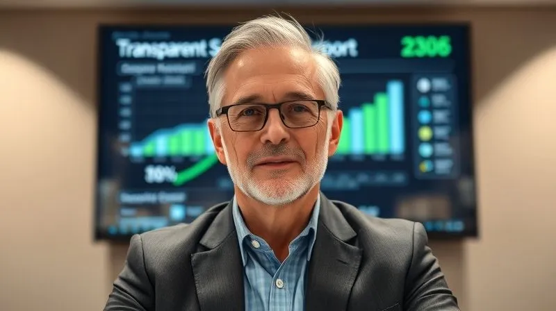 A photorealistic, professional image of a calm, composed business leader addressing a virtual press conference, with a clear, honest expression. On a large screen behind them, a transparent sustainability report is displayed, showing data and graphs. The lighting is bright and clear, symbolizing clarity and truth. Professional photography, 8K, cinematic lighting, sharp focus on the leader, depth of field blurring the background, shot on a high-end DSLR. A photorealistic, professional image of a calm, composed business leader addressing a virtual press conference, with a clear, honest expression. On a large screen behind them, a transparent sustainability report is displayed, showing data and graphs. The lighting is bright and clear, symbolizing clarity and truth. Professional photography, 8K, cinematic lighting, sharp focus on the leader, depth of field blurring the background, shot on a high-end DSLR.