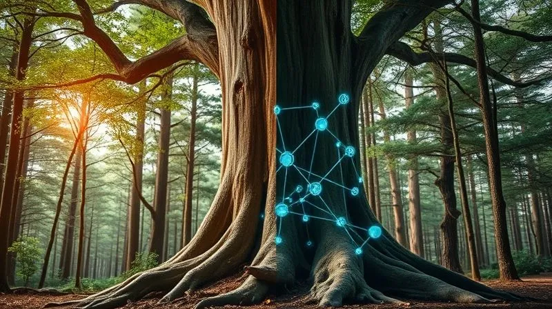 A photorealistic, professional photography, 8K, cinematic lighting, sharp focus, depth of field, shot on a high-end DSLR. A sturdy, ancient tree with deep roots, half of its trunk made of natural wood and the other half subtly transforming into transparent, glowing data streams and interconnected digital networks, symbolizing the blend of authentic nature and transparent, data-driven communication in eco-tourism. A soft, warm light emanates from the digital side, illuminating the natural wood. The background is a serene, untouched forest, conveying trust and growth. A photorealistic, professional photography, 8K, cinematic lighting, sharp focus, depth of field, shot on a high-end DSLR. A sturdy, ancient tree with deep roots, half of its trunk made of natural wood and the other half subtly transforming into transparent, glowing data streams and interconnected digital networks, symbolizing the blend of authentic nature and transparent, data-driven communication in eco-tourism. A soft, warm light emanates from the digital side, illuminating the natural wood. The background is a serene, untouched forest, conveying trust and growth.