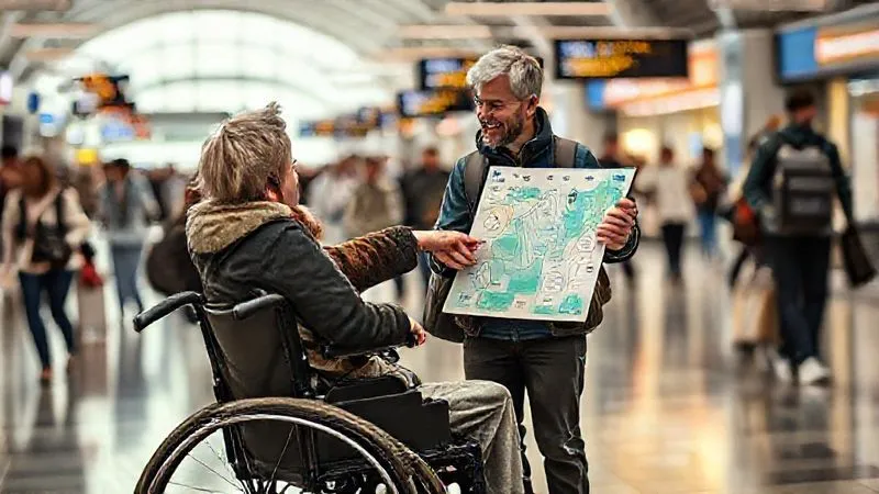 A photorealistic image of a tour guide warmly engaging with a wheelchair user, pointing to a map with clear, accessible symbols, in a bustling but well-organized travel hub, cinematic lighting, sharp focus on their interaction, depth of field blurring the background, 8K hyper-detailed, professional photography, shot on a high-end DSLR. A photorealistic image of a tour guide warmly engaging with a wheelchair user, pointing to a map with clear, accessible symbols, in a bustling but well-organized travel hub, cinematic lighting, sharp focus on their interaction, depth of field blurring the background, 8K hyper-detailed, professional photography, shot on a high-end DSLR.