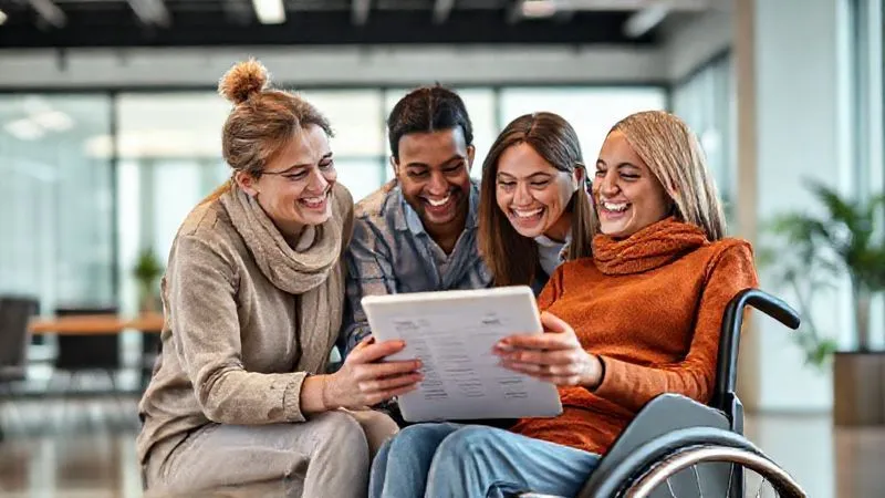 A photorealistic image of a diverse group of people, including a wheelchair user, happily reviewing a feedback form on a tablet together, smiling and engaged in discussion, in a modern, brightly lit office setting, cinematic lighting, sharp focus on the tablet and faces, depth of field blurring the background, 8K hyper-detailed, professional photography, shot on a high-end DSLR. A photorealistic image of a diverse group of people, including a wheelchair user, happily reviewing a feedback form on a tablet together, smiling and engaged in discussion, in a modern, brightly lit office setting, cinematic lighting, sharp focus on the tablet and faces, depth of field blurring the background, 8K hyper-detailed, professional photography, shot on a high-end DSLR.