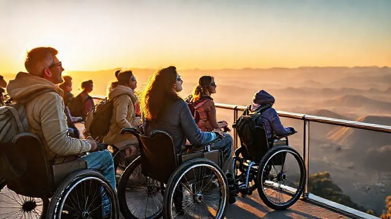 A photorealistic image of a diverse group of travelers, including wheelchair users, joyfully looking out at a stunning panoramic landscape from a fully accessible viewing platform, bathed in golden hour light, cinematic lighting, sharp focus on the happy faces and the beautiful scenery, depth of field blurring distant mountains, 8K hyper-detailed, professional photography, shot on a high-end DSLR. A photorealistic image of a diverse group of travelers, including wheelchair users, joyfully looking out at a stunning panoramic landscape from a fully accessible viewing platform, bathed in golden hour light, cinematic lighting, sharp focus on the happy faces and the beautiful scenery, depth of field blurring distant mountains, 8K hyper-detailed, professional photography, shot on a high-end DSLR.