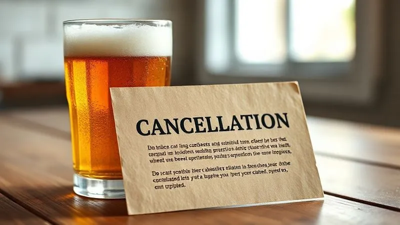 A photorealistic image of a clear, concise cancellation policy printed on a rustic card, placed beside a craft beer glass, with soft, natural light illuminating it. Professional photography, 8K, cinematic lighting, sharp focus, depth of field, shot on a high-end DSLR. A photorealistic image of a clear, concise cancellation policy printed on a rustic card, placed beside a craft beer glass, with soft, natural light illuminating it. Professional photography, 8K, cinematic lighting, sharp focus, depth of field, shot on a high-end DSLR.