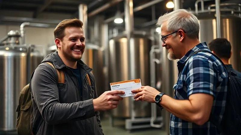 A photorealistic image of a friendly tour guide smiling and handing a voucher to a relieved customer, with a vibrant brewery background. Professional photography, 8K, cinematic lighting, sharp focus on the interaction, depth of field, shot on a high-end DSLR. A photorealistic image of a friendly tour guide smiling and handing a voucher to a relieved customer, with a vibrant brewery background. Professional photography, 8K, cinematic lighting, sharp focus on the interaction, depth of field, shot on a high-end DSLR.