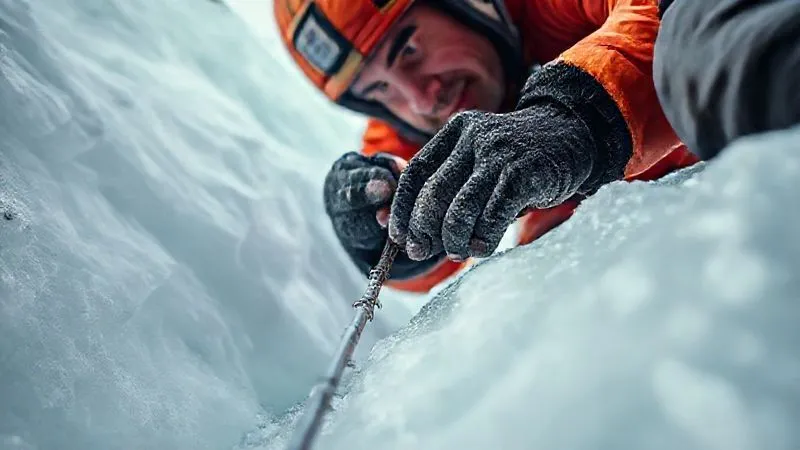 A photorealistic shot from a low angle, depicting a lead ice climber with a focused expression, carefully placing an ice screw into a section of brittle ice. Their body position is stable and controlled, demonstrating good technique. Cinematic lighting, sharp focus on the climber's hands and the screw, depth of field blurring the background, 8K. A photorealistic shot from a low angle, depicting a lead ice climber with a focused expression, carefully placing an ice screw into a section of brittle ice. Their body position is stable and controlled, demonstrating good technique. Cinematic lighting, sharp focus on the climber's hands and the screw, depth of field blurring the background, 8K.