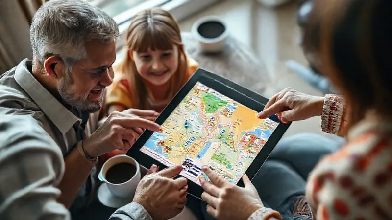 photorealistic, professional photography, 8K, cinematic lighting, sharp focus, depth of field, shot on a high-end DSLR, a family gathered around a tablet displaying a colorful, well-organized digital travel itinerary with maps and photos, hands pointing to different sections, a cup of coffee nearby, a sense of calm and organized planning. photorealistic, professional photography, 8K, cinematic lighting, sharp focus, depth of field, shot on a high-end DSLR, a family gathered around a tablet displaying a colorful, well-organized digital travel itinerary with maps and photos, hands pointing to different sections, a cup of coffee nearby, a sense of calm and organized planning.