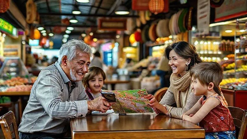 photorealistic, professional photography, 8K, cinematic lighting, sharp focus, depth of field, shot on a high-end DSLR, a multi-generational family (parents, grandparents, two children) sitting at a cafe table in a bustling foreign market, a friendly local shopkeeper is pointing to something on a map on their phone, the family is smiling and engaged, a sense of authentic interaction and discovery. photorealistic, professional photography, 8K, cinematic lighting, sharp focus, depth of field, shot on a high-end DSLR, a multi-generational family (parents, grandparents, two children) sitting at a cafe table in a bustling foreign market, a friendly local shopkeeper is pointing to something on a map on their phone, the family is smiling and engaged, a sense of authentic interaction and discovery.