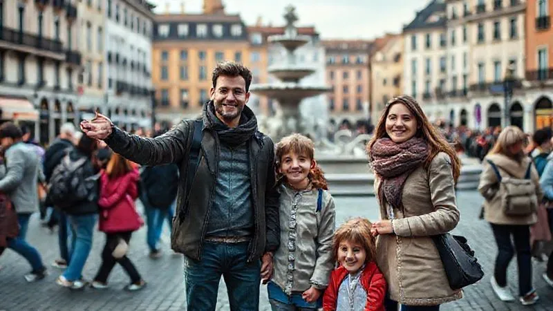 photorealistic, professional photography, 8K, cinematic lighting, sharp focus, depth of field, shot on a high-end DSLR, a family (parents, two children) standing in a bustling European square, pointing at a distinctive landmark (like a fountain or statue) as their designated meeting point, smiling and confident, a sense of preparedness amidst the crowd. photorealistic, professional photography, 8K, cinematic lighting, sharp focus, depth of field, shot on a high-end DSLR, a family (parents, two children) standing in a bustling European square, pointing at a distinctive landmark (like a fountain or statue) as their designated meeting point, smiling and confident, a sense of preparedness amidst the crowd.
