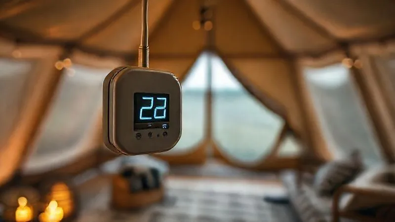 photorealistic, professional photography, 8K, cinematic lighting, sharp focus, depth of field, shot on a high-end DSLR, a close-up of a subtle, modern environmental sensor discreetly mounted inside a luxury glamping tent, displaying data like temperature and humidity. The background shows the elegant interior of the tent, blending technology seamlessly with comfort and sustainability.