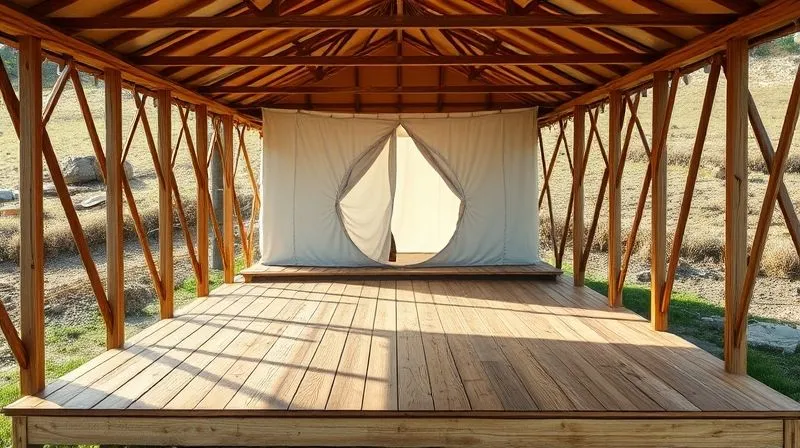 Photorealistic, professional photography, 8K, cinematic lighting, sharp focus, depth of field, shot on a high-end DSLR. A sturdy, elevated wooden platform designed for a glamping yurt, with clear space underneath for airflow, situated on a gently sloped, well-drained area. The platform is empty, awaiting the yurt, conveying readiness and meticulous planning. Natural light highlights the texture of the wood. Photorealistic, professional photography, 8K, cinematic lighting, sharp focus, depth of field, shot on a high-end DSLR. A sturdy, elevated wooden platform designed for a glamping yurt, with clear space underneath for airflow, situated on a gently sloped, well-drained area. The platform is empty, awaiting the yurt, conveying readiness and meticulous planning. Natural light highlights the texture of the wood.
