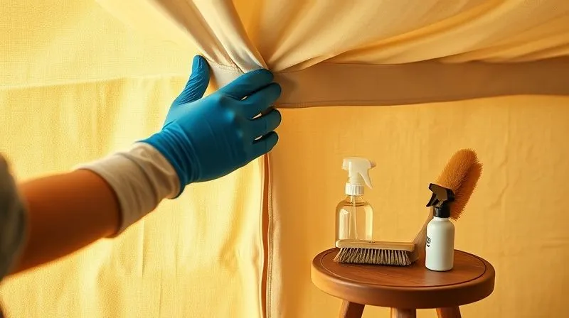 Photorealistic, professional photography, 8K, cinematic lighting, sharp focus, depth of field, shot on a high-end DSLR. A person in work gloves gently inspecting the canvas wall of a glamping yurt, looking closely at a seam or corner for any signs of dampness or mildew. A spray bottle and soft brush are nearby on a small stool, indicating proactive maintenance. Soft, natural light illuminates the scene. Photorealistic, professional photography, 8K, cinematic lighting, sharp focus, depth of field, shot on a high-end DSLR. A person in work gloves gently inspecting the canvas wall of a glamping yurt, looking closely at a seam or corner for any signs of dampness or mildew. A spray bottle and soft brush are nearby on a small stool, indicating proactive maintenance. Soft, natural light illuminates the scene.