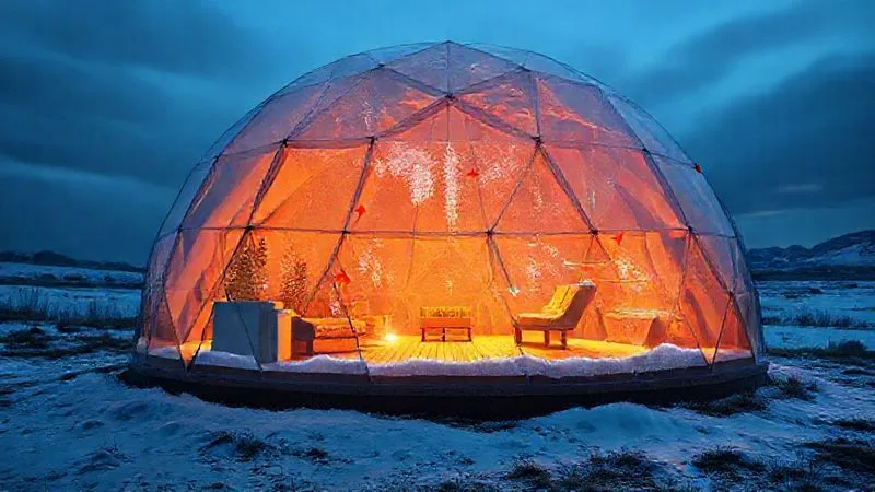 A photorealistic cross-section diagram of a glamping geodome, clearly showing warm, humid air rising inside and condensing on the cooler outer shell, with arrows illustrating airflow and heat transfer. The diagram should be scientifically accurate and easy to understand. professional photography, 8K, cinematic lighting, sharp focus, depth of field, shot on a high-end DSLR A photorealistic cross-section diagram of a glamping geodome, clearly showing warm, humid air rising inside and condensing on the cooler outer shell, with arrows illustrating airflow and heat transfer. The diagram should be scientifically accurate and easy to understand. professional photography, 8K, cinematic lighting, sharp focus, depth of field, shot on a high-end DSLR