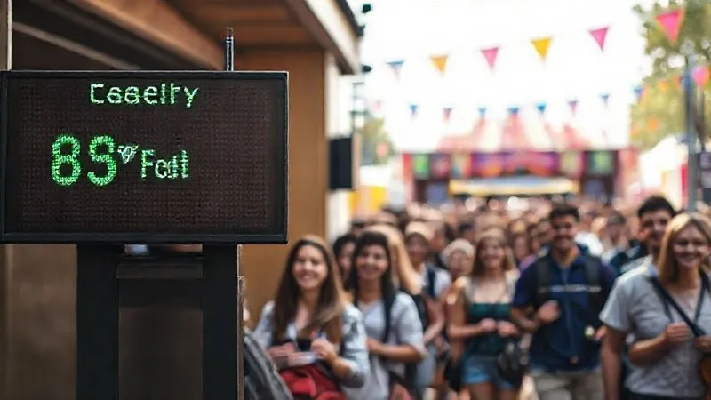 A photorealistic, professional photography, 8K, cinematic lighting, sharp focus, depth of field, shot on a high-end DSLR, showing a digital display board at the entrance of a vibrant, small-scale festival, clearly indicating "Capacity: 85% Full" with a green checkmark, and a gentle, diverse queue of smiling visitors entering in an orderly fashion, respectful and engaged. A photorealistic, professional photography, 8K, cinematic lighting, sharp focus, depth of field, shot on a high-end DSLR, showing a digital display board at the entrance of a vibrant, small-scale festival, clearly indicating "Capacity: 85% Full" with a green checkmark, and a gentle, diverse queue of smiling visitors entering in an orderly fashion, respectful and engaged.