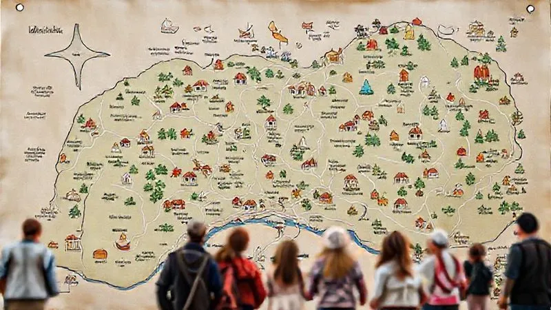 A photorealistic, professional photography, 8K, cinematic lighting, sharp focus, depth of field, shot on a high-end DSLR, depicting a beautifully designed, hand-drawn map of a charming rural area. The map highlights various lesser-known local attractions, artisan workshops, and alternative scenic routes around a vibrant festival location, with small, respectful groups of visitors exploring them, suggesting diversified tourist routes. A photorealistic, professional photography, 8K, cinematic lighting, sharp focus, depth of field, shot on a high-end DSLR, depicting a beautifully designed, hand-drawn map of a charming rural area. The map highlights various lesser-known local attractions, artisan workshops, and alternative scenic routes around a vibrant festival location, with small, respectful groups of visitors exploring them, suggesting diversified tourist routes.