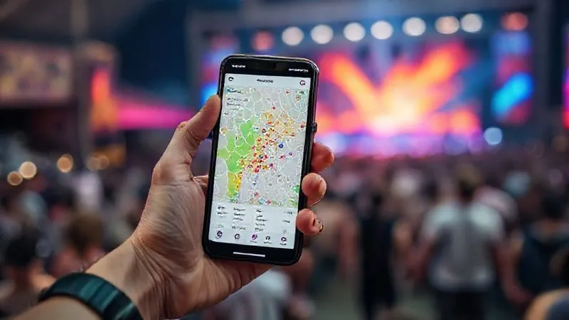 A photorealistic, professional photography, 8K, cinematic lighting, sharp focus, depth of field, shot on a high-end DSLR, showing a person's hand holding a smartphone displaying a clean, user-friendly mobile app interface. The app shows real-time crowd density maps of a festival area, color-coded for different zones, with options for booking local experiences or finding less crowded spots, with a blurred background of a lively but controlled festival scene. A photorealistic, professional photography, 8K, cinematic lighting, sharp focus, depth of field, shot on a high-end DSLR, showing a person's hand holding a smartphone displaying a clean, user-friendly mobile app interface. The app shows real-time crowd density maps of a festival area, color-coded for different zones, with options for booking local experiences or finding less crowded spots, with a blurred background of a lively but controlled festival scene.
