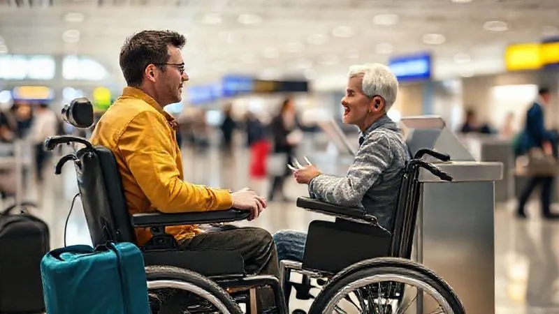 A photorealistic image of a traveler in a power wheelchair speaking directly and clearly with an airline gate agent at a check-in desk, both looking engaged and focused. The background shows a bustling but clean airport terminal. Professional photography, 8K, cinematic lighting, sharp focus on their interaction, depth of field blurring the background, shot on a high-end DSLR, conveying respectful and effective communication. A photorealistic image of a traveler in a power wheelchair speaking directly and clearly with an airline gate agent at a check-in desk, both looking engaged and focused. The background shows a bustling but clean airport terminal. Professional photography, 8K, cinematic lighting, sharp focus on their interaction, depth of field blurring the background, shot on a high-end DSLR, conveying respectful and effective communication.