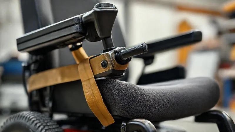 A photorealistic close-up image of a power wheelchair's joystick mount and motor casing, meticulously wrapped in protective foam padding and secured with heavy-duty tape. The background is slightly blurred, showing a clean, well-lit workshop or garage. Professional photography, 8K, cinematic lighting, sharp focus on the padding details, depth of field, shot on a high-end DSLR, conveying careful preparation and attention to detail. A photorealistic close-up image of a power wheelchair's joystick mount and motor casing, meticulously wrapped in protective foam padding and secured with heavy-duty tape. The background is slightly blurred, showing a clean, well-lit workshop or garage. Professional photography, 8K, cinematic lighting, sharp focus on the padding details, depth of field, shot on a high-end DSLR, conveying careful preparation and attention to detail.