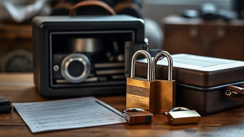 photorealistic, professional photography, 8K, cinematic lighting, sharp focus, depth of field, shot on a high-end DSLR, a meticulously organized packing list with serial numbers and photos, alongside a small, open travel safe and sturdy padlocks on a wooden table, conveying careful preparation and security planning.
