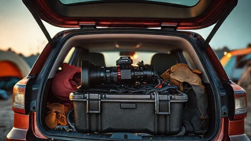 photorealistic, professional photography, 8K, cinematic lighting, sharp focus, depth of field, shot on a high-end DSLR, a discreet, rugged Pelican case secured with a steel cable inside the trunk of a car at a festival campsite, with other camping gear partially obscuring it, conveying hidden security and smart storage.