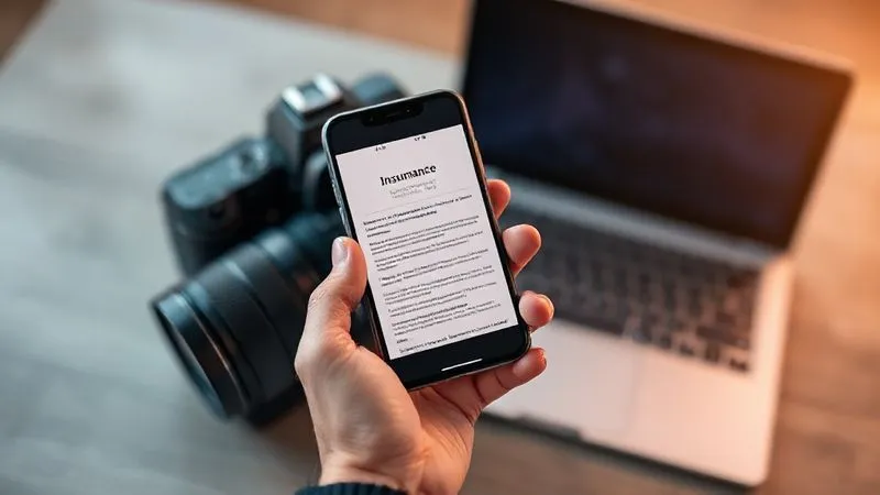 photorealistic, professional photography, 8K, cinematic lighting, sharp focus, depth of field, shot on a high-end DSLR, a hand holding a smartphone displaying an insurance policy document, with a backdrop of blurred professional camera gear and a laptop, conveying the importance of financial protection for valuable equipment.
