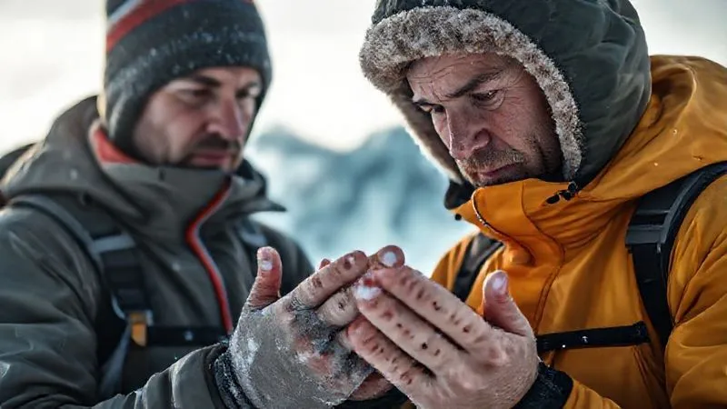 A photorealistic, professional photography, 8K, cinematic lighting, sharp focus, depth of field, shot on a high-end DSLR, depicting a professional winter expedition guide gently examining the fingers of a team member, who is looking concerned. The guide's expression is serious and focused. The background is a blurred, snowy mountain environment, emphasizing the remote nature of the assessment. The image highlights the importance of early detection and care. A photorealistic, professional photography, 8K, cinematic lighting, sharp focus, depth of field, shot on a high-end DSLR, depicting a professional winter expedition guide gently examining the fingers of a team member, who is looking concerned. The guide's expression is serious and focused. The background is a blurred, snowy mountain environment, emphasizing the remote nature of the assessment. The image highlights the importance of early detection and care.