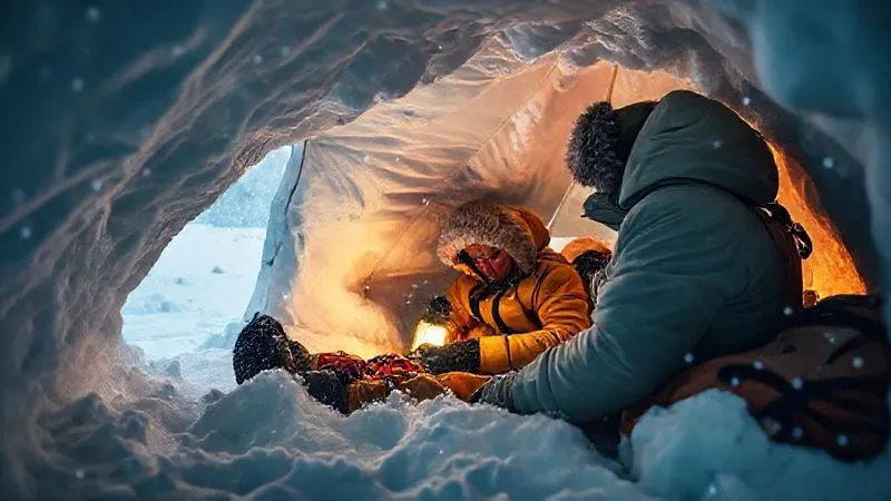 A photorealistic, professional photography, 8K, cinematic lighting, sharp focus, depth of field, shot on a high-end DSLR, showing a professional winter expedition guide inside a well-constructed snow cave or emergency tent, attending to a team member. The interior is lit with a warm, soft glow from a lantern, highlighting emergency medical supplies and insulated gear. Outside, a blizzard rages, emphasizing the critical shelter. The image conveys safety and expert emergency response. A photorealistic, professional photography, 8K, cinematic lighting, sharp focus, depth of field, shot on a high-end DSLR, showing a professional winter expedition guide inside a well-constructed snow cave or emergency tent, attending to a team member. The interior is lit with a warm, soft glow from a lantern, highlighting emergency medical supplies and insulated gear. Outside, a blizzard rages, emphasizing the critical shelter. The image conveys safety and expert emergency response.