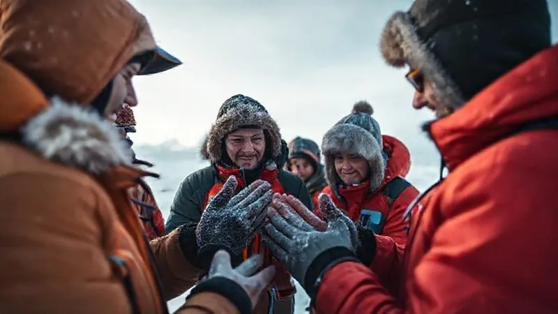 A photorealistic, professional photography, 8K, cinematic lighting, sharp focus, depth of field, shot on a high-end DSLR, capturing a group of professional winter expedition guides and clients huddled together in a snowy landscape during a training drill. They are actively demonstrating checking each other's hands and faces, with expressions of focused learning and teamwork. The scene conveys camaraderie and practical education in a challenging environment. A photorealistic, professional photography, 8K, cinematic lighting, sharp focus, depth of field, shot on a high-end DSLR, capturing a group of professional winter expedition guides and clients huddled together in a snowy landscape during a training drill. They are actively demonstrating checking each other's hands and faces, with expressions of focused learning and teamwork. The scene conveys camaraderie and practical education in a challenging environment.