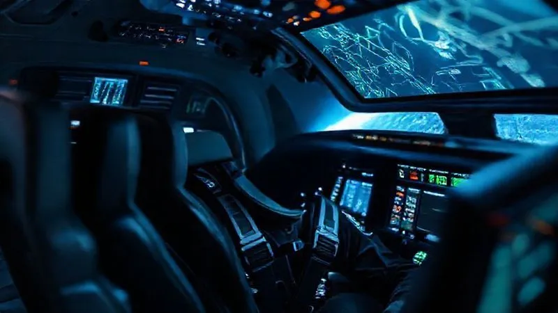 A futuristic, highly advanced spaceflight simulator cockpit with multiple screens displaying complex flight data, a trainee in a flight suit focused intently, subtle motion blur indicating movement, professional photography, 8K, cinematic lighting, sharp focus, depth of field. A futuristic, highly advanced spaceflight simulator cockpit with multiple screens displaying complex flight data, a trainee in a flight suit focused intently, subtle motion blur indicating movement, professional photography, 8K, cinematic lighting, sharp focus, depth of field.