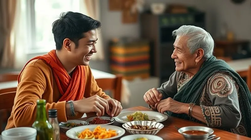 Photorealistic, professional photography, 8K, cinematic lighting, sharp focus, depth of field, shot on a high-end DSLR. A volunteer and a local community member sharing a traditional meal, engaging in warm conversation, with genuine smiles and eye contact, symbolizing cultural exchange and respectful integration. Soft, natural indoor lighting. Photorealistic, professional photography, 8K, cinematic lighting, sharp focus, depth of field, shot on a high-end DSLR. A volunteer and a local community member sharing a traditional meal, engaging in warm conversation, with genuine smiles and eye contact, symbolizing cultural exchange and respectful integration. Soft, natural indoor lighting.