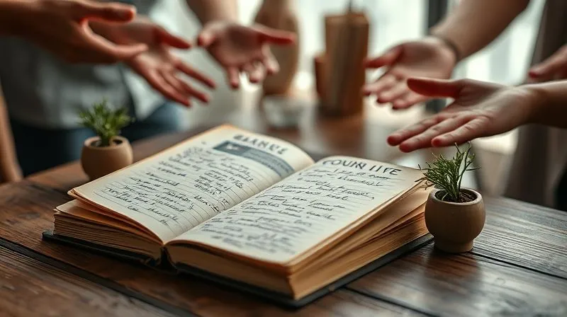 Photorealistic, professional photography, 8K, cinematic lighting, sharp focus, depth of field, shot on a high-end DSLR. A weathered, open journal with thoughtful handwritten notes and sketches, placed on a simple wooden table, next to a small, symbolic plant, with a blurred background of diverse hands reaching out in a gesture of collaboration, symbolizing reflection and continuous learning. Soft, warm light. Photorealistic, professional photography, 8K, cinematic lighting, sharp focus, depth of field, shot on a high-end DSLR. A weathered, open journal with thoughtful handwritten notes and sketches, placed on a simple wooden table, next to a small, symbolic plant, with a blurred background of diverse hands reaching out in a gesture of collaboration, symbolizing reflection and continuous learning. Soft, warm light.